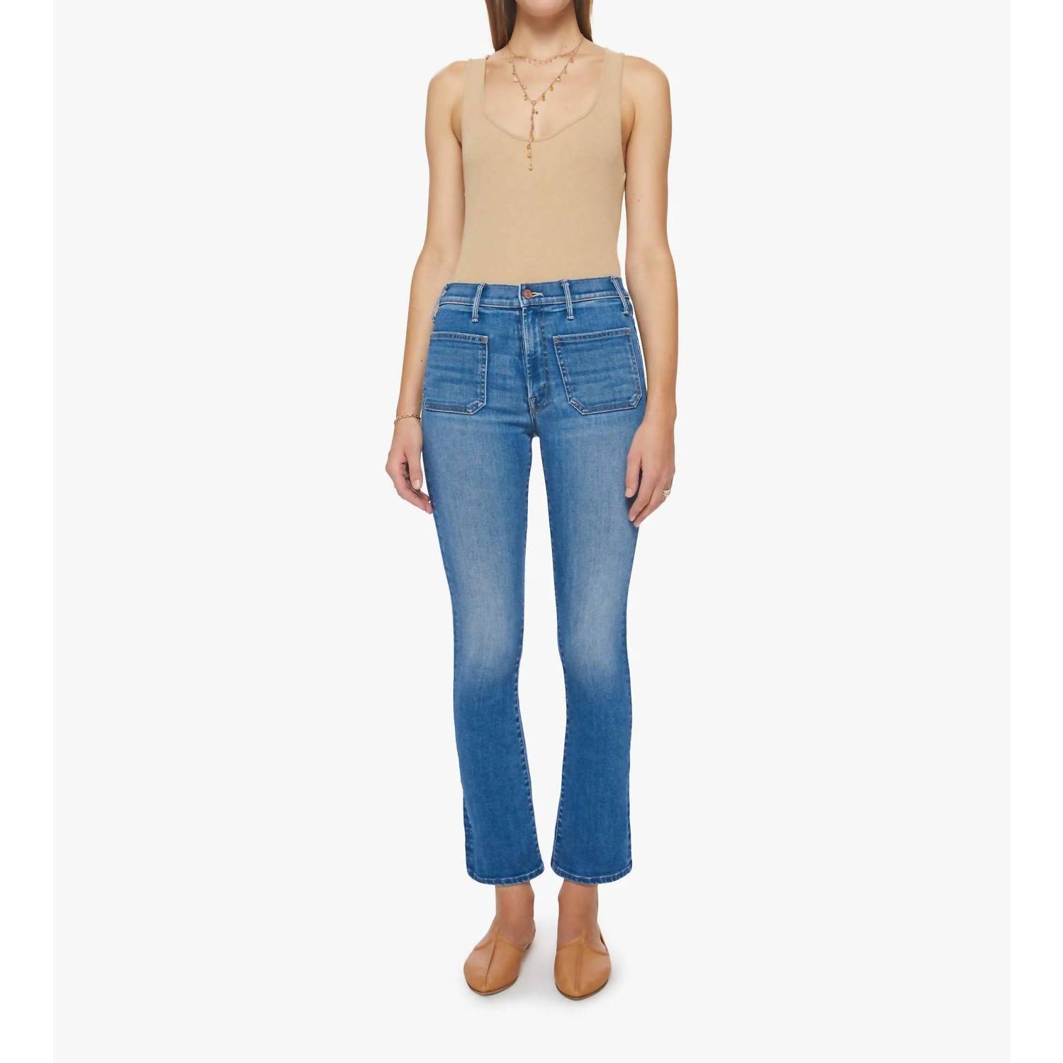 New Mother Patch Pocket Insider Ankle Jeans In Happy Pill